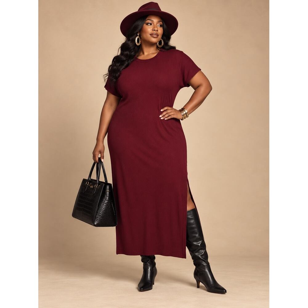 Time and Tru Wine Burgundy Ribbed Maxi Dress Women’s 16/18 Stretch Plus Size